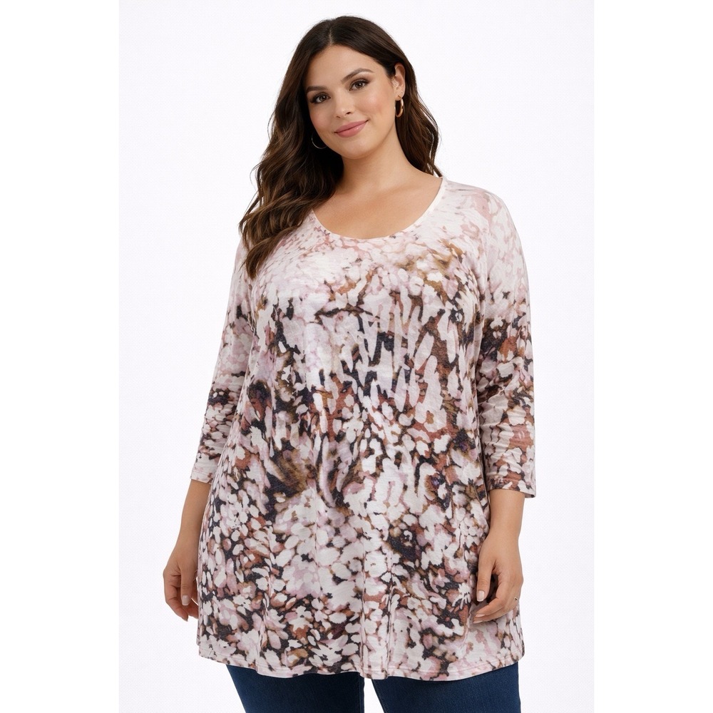 One World Women's 3X Floral Tunic Top Pink Brown Long Sleeve Stretch Plus